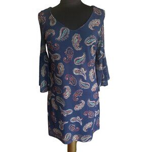 Allison Brittney Boho Paisley Dress With Bell Sleeves - Petite Small - Navy Blue
